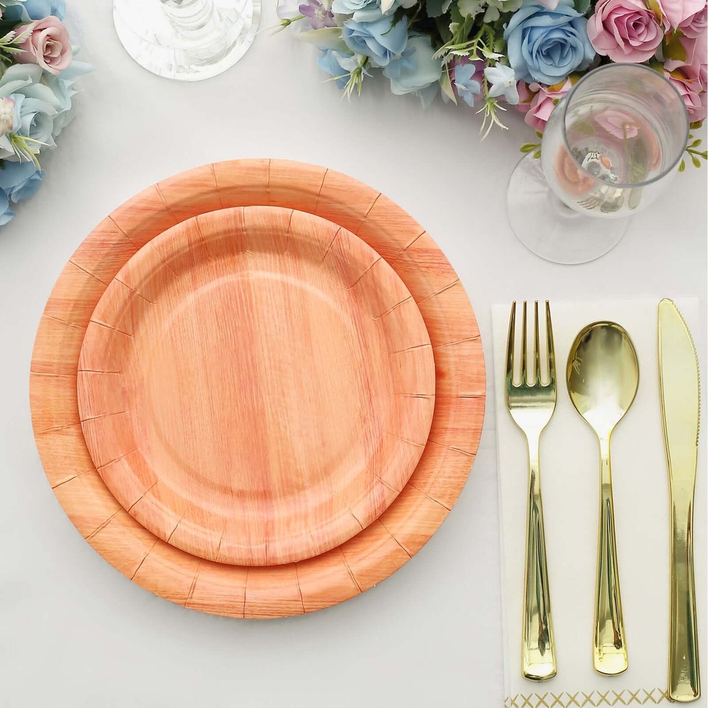 25-Pack Paper 7" Round Dessert Plates in Natural Wood Grain Print - Disposable Appetizer Salad Plates for Rustic Farmhouse Style Events
