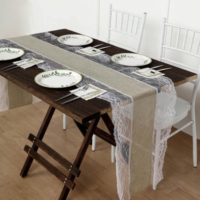Faux Burlap Jute 16"x108" Table Runner Taupe With White Lace Edging - Rustic Farmhouse Table Linen