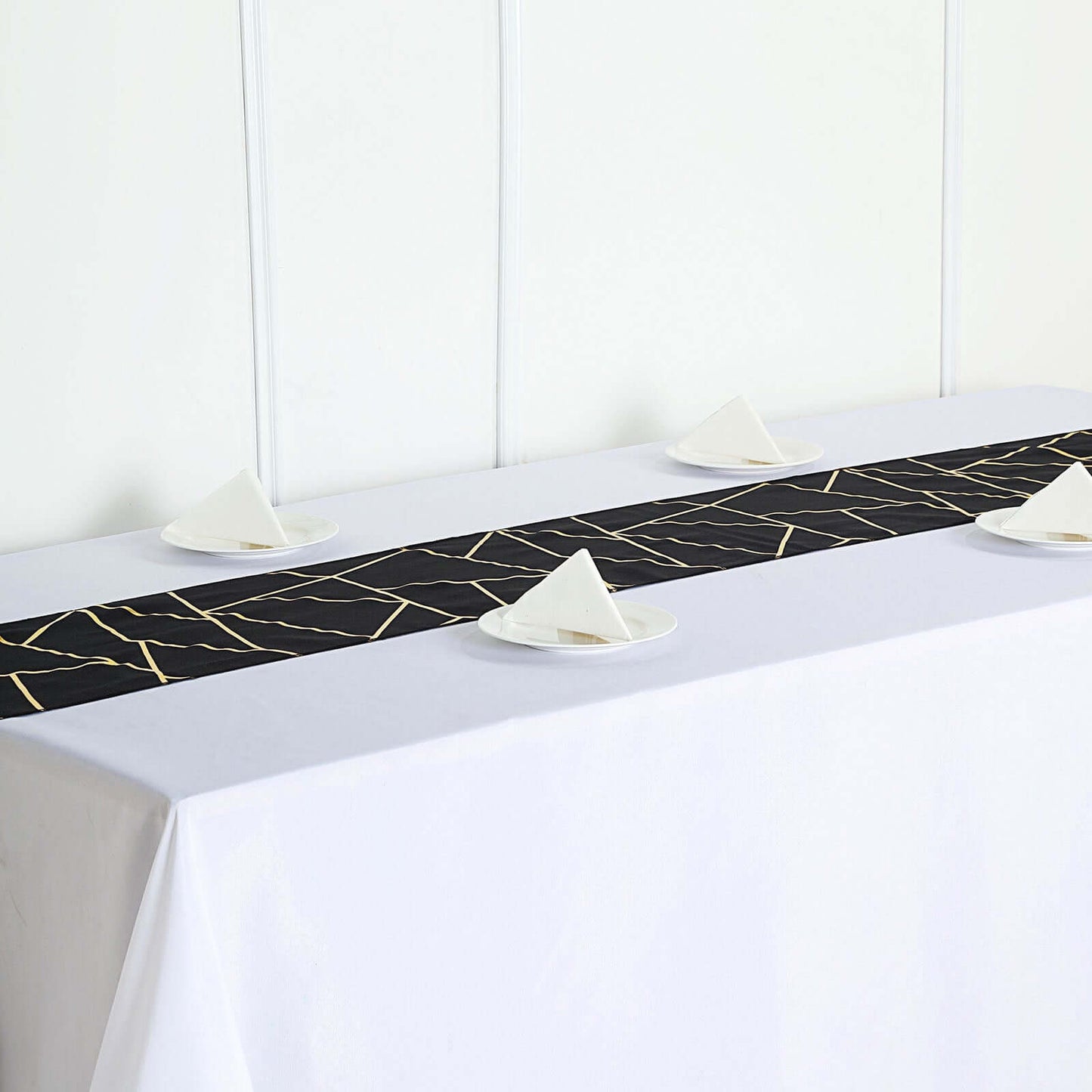 Polyester 9ft Table Runner Black with Gold Foil Modern Geometric Accent