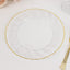 10-Pack Plastic 10" Round Dinner Plates in Clear with Gold Flair Rim - Disposable Party Plates for Upscale Banquets & Special Occasions