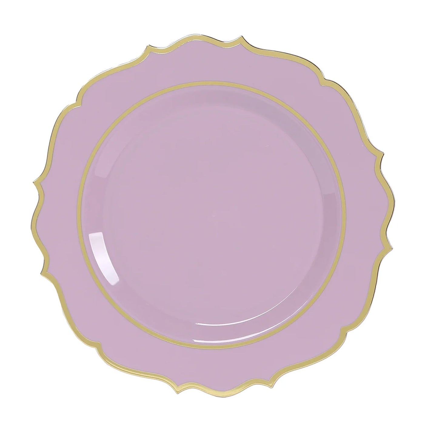10-Pack Plastic 10" Round Dinner Plates in Lavender Lilac with Gold Scalloped Rim - Disposable Party Plates