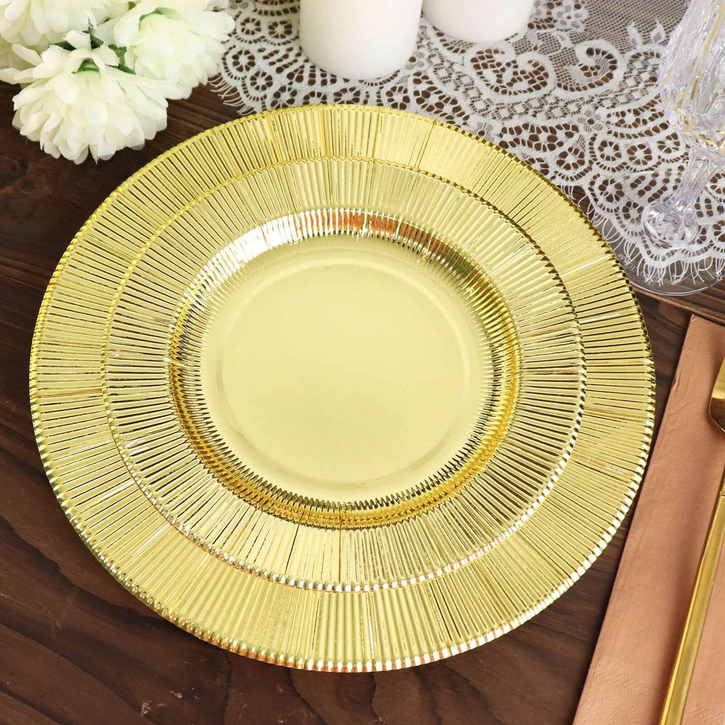 25-Pack Paper 10" Round Dinner Plates in Metallic Gold Sunray Design - Disposable Heavy Duty 350GSM Party Plates