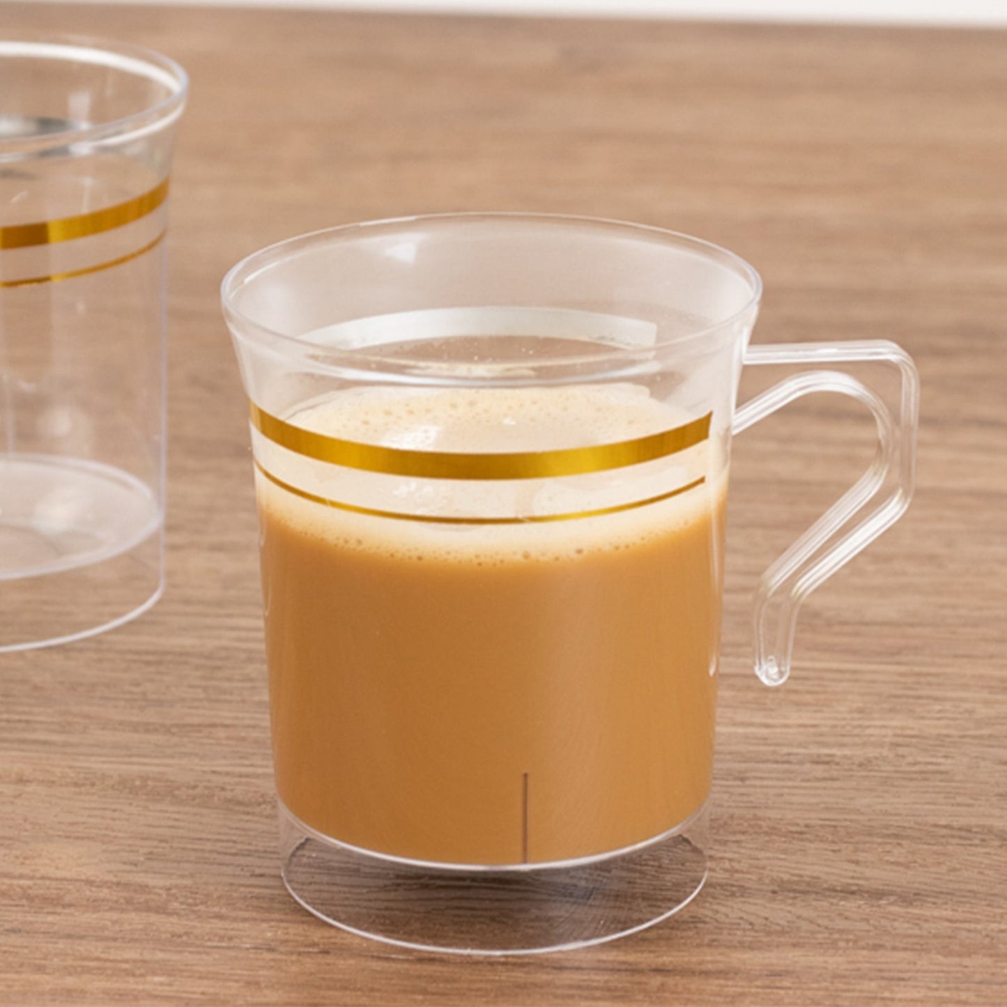 8-Pack Plastic Coffee Mugs Clear with Gold Stripes - Sturdy Disposable Cups for Coffee and Tea 8oz 3.5"