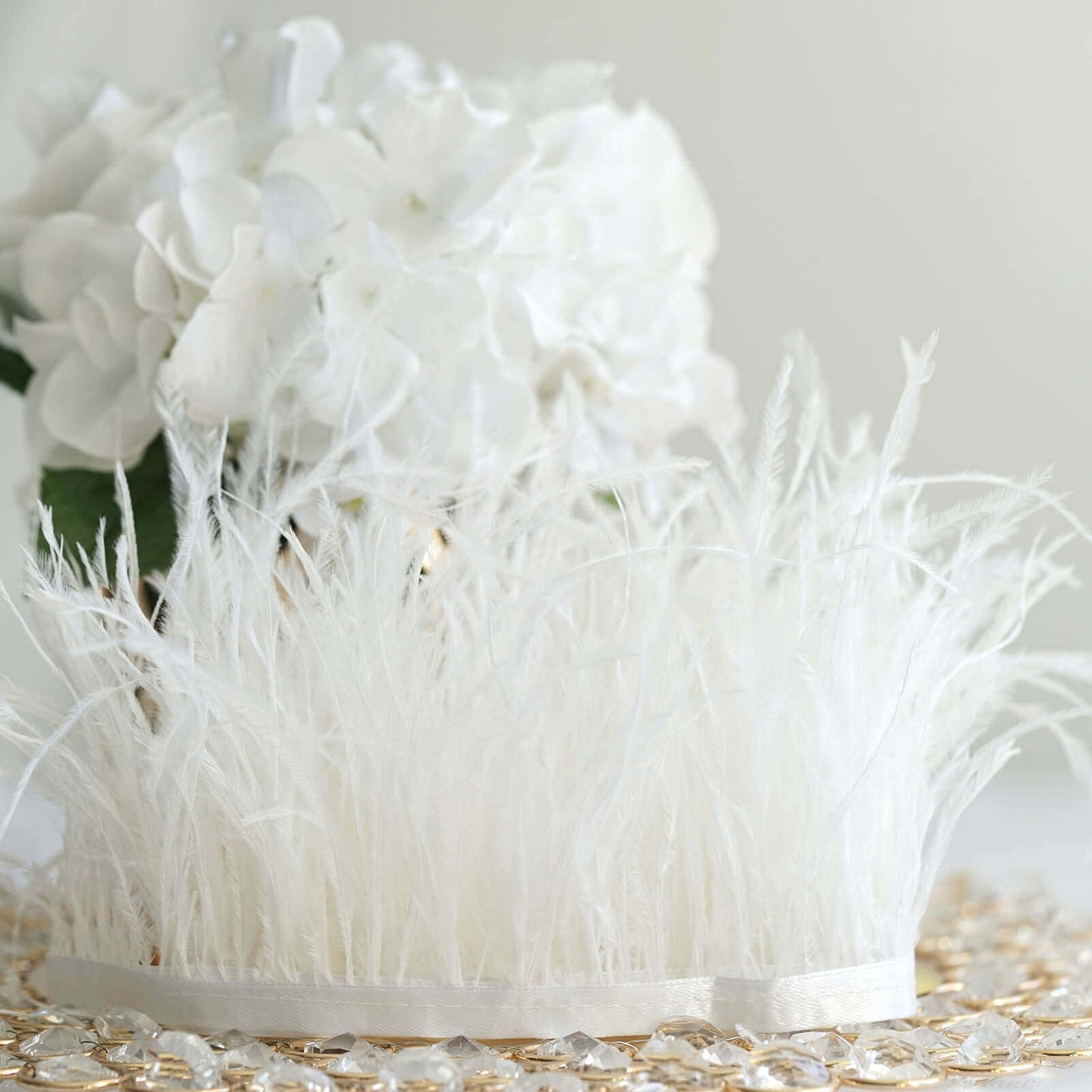 39" White Real Ostrich Feather Fringe Trim With Satin Ribbon Tape