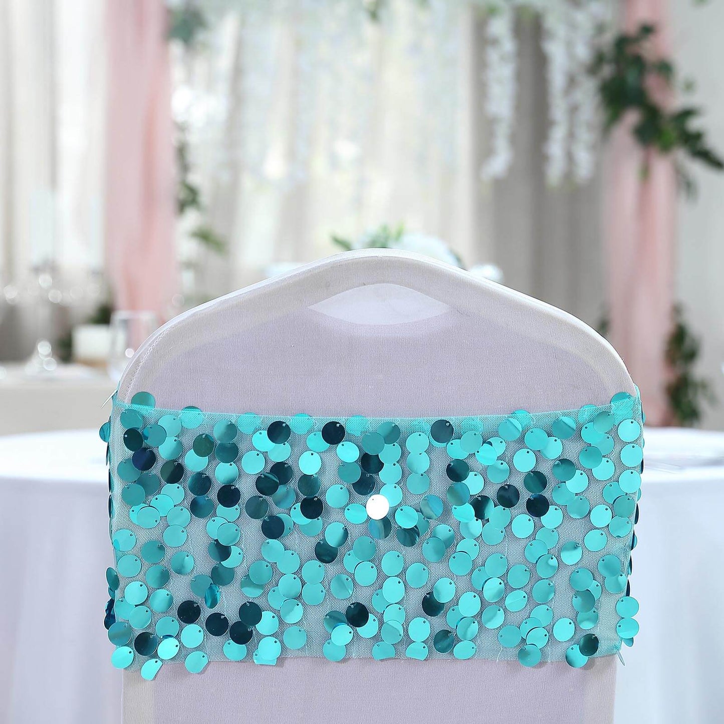 5 Pack Big Payette Sequin 13"x10" Chair Sash Bands Turquoise - Stylish Glittering Decor for Weddings & Gatherings