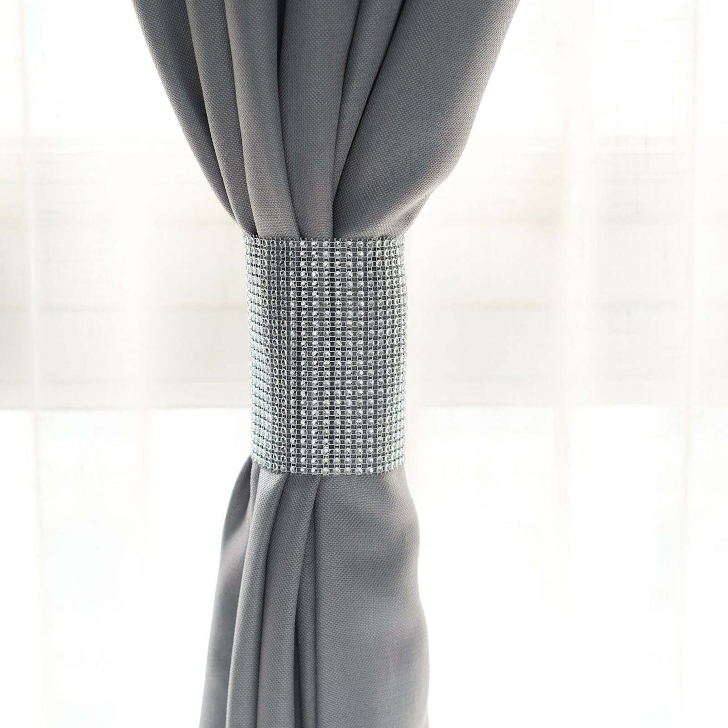 4 Pack Silver Rhinestone Mesh Velcro Backdrop Curtain Bands, Large Chair Sash Clip Tie Backs - 5"X10"