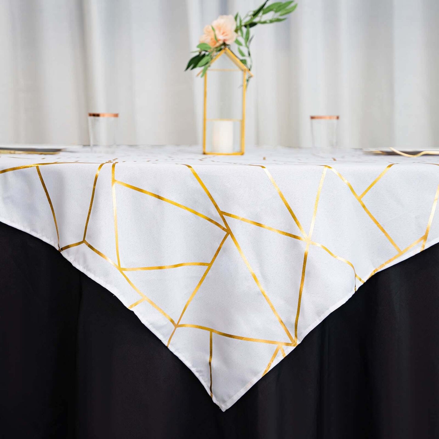 Polyester 54"x54" Square Tablecloth White with Gold Foil Geometric Pattern - Wrinkle-Resistant & Durable for Stylish Settings