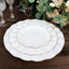 10-Pack Plastic Round 6" Dessert Plates in White Ruffled Rim with Gold Edging - Sturdy Disposable Salad Appetizer Dinnerware for Classy Events & Banquets