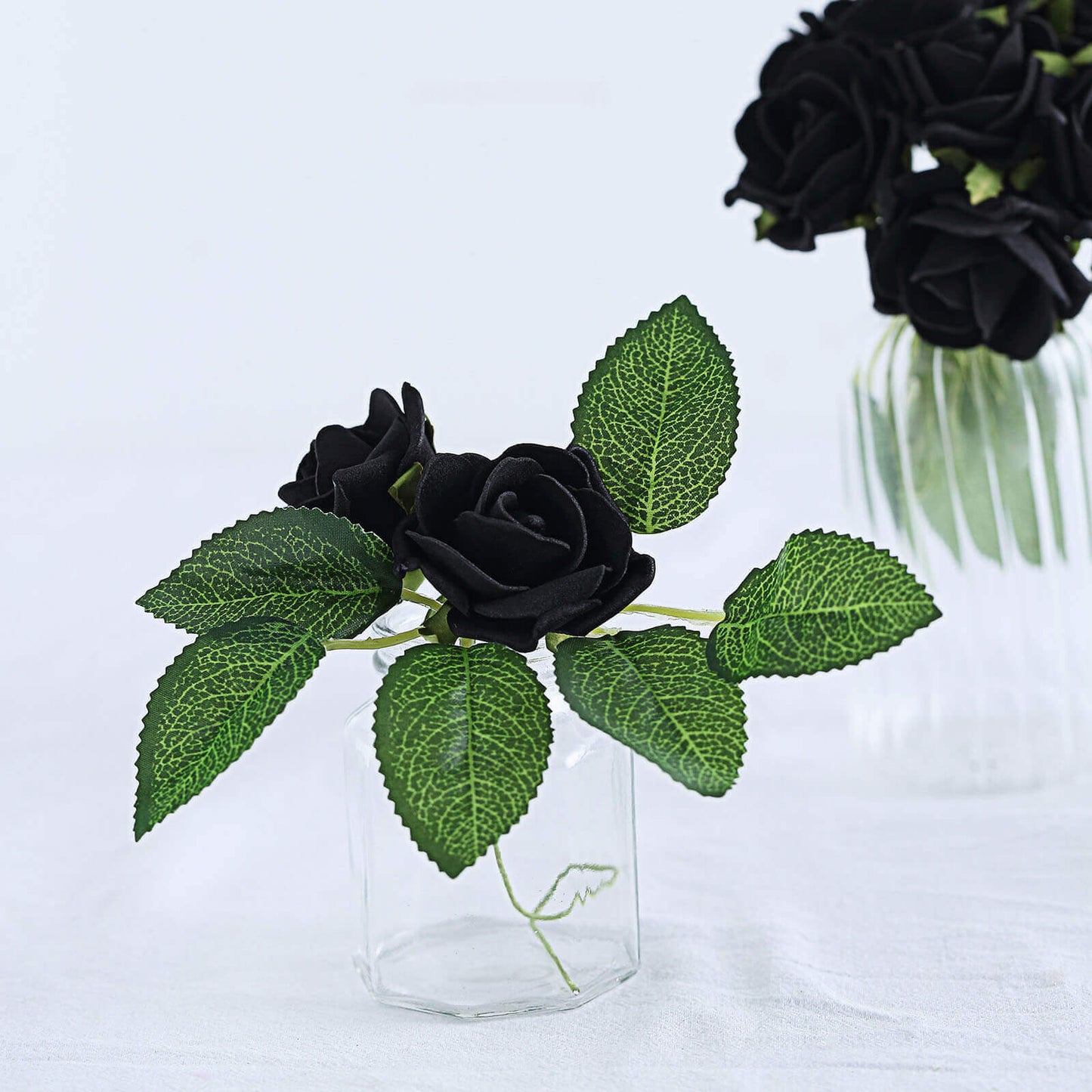 24 Roses 2" Black Artificial Foam Flowers With Stem Wire and Leaves