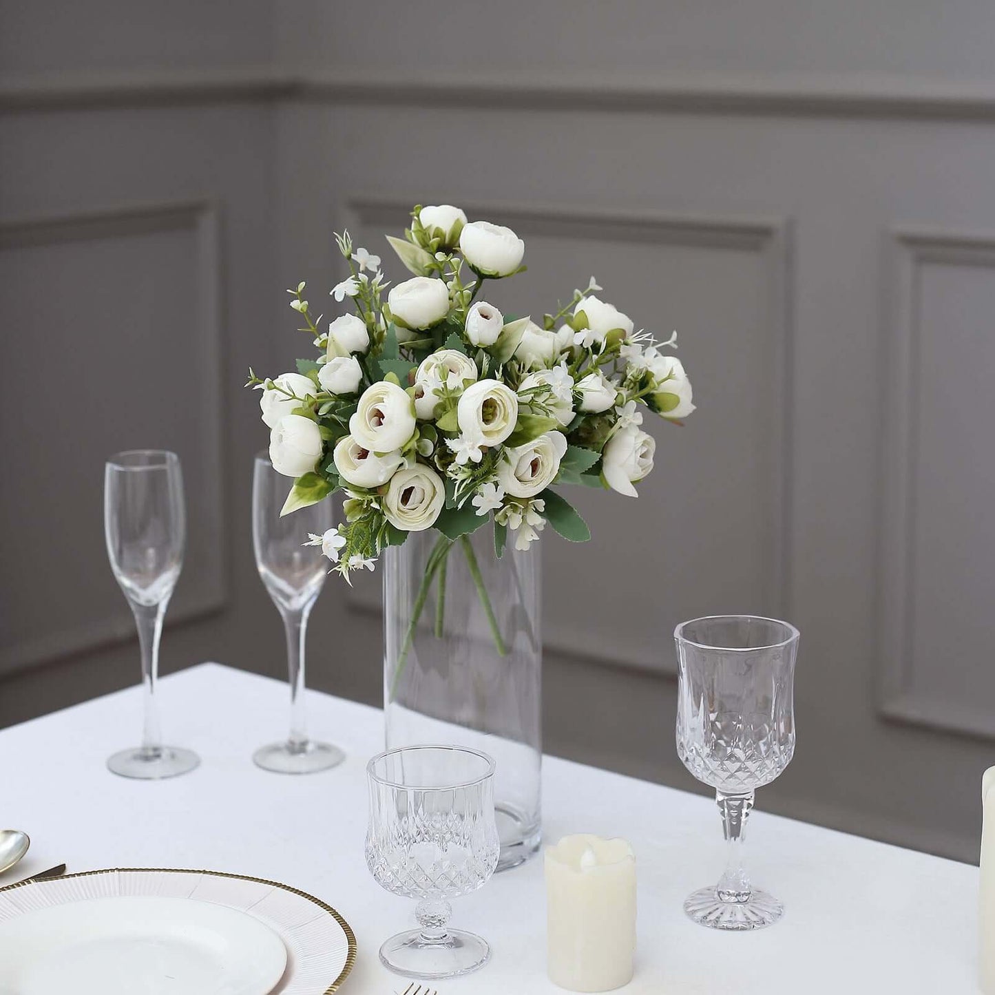 4 Pack 12" Artificial Ivory Ranunculus Silk Flower Bridal Bouquets, Faux Buttercup Floral Arrangement