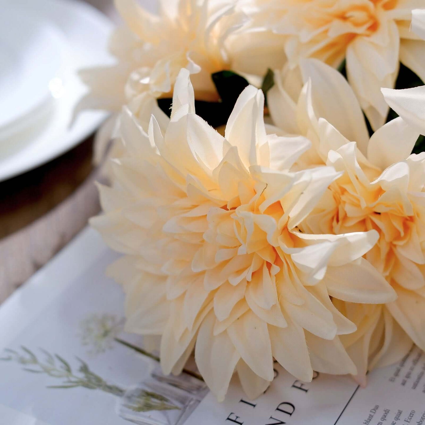 2 Bushes 20" Cream Large Head Artificial Dahlia Bouquet, Silk Bridal Flower Decorations