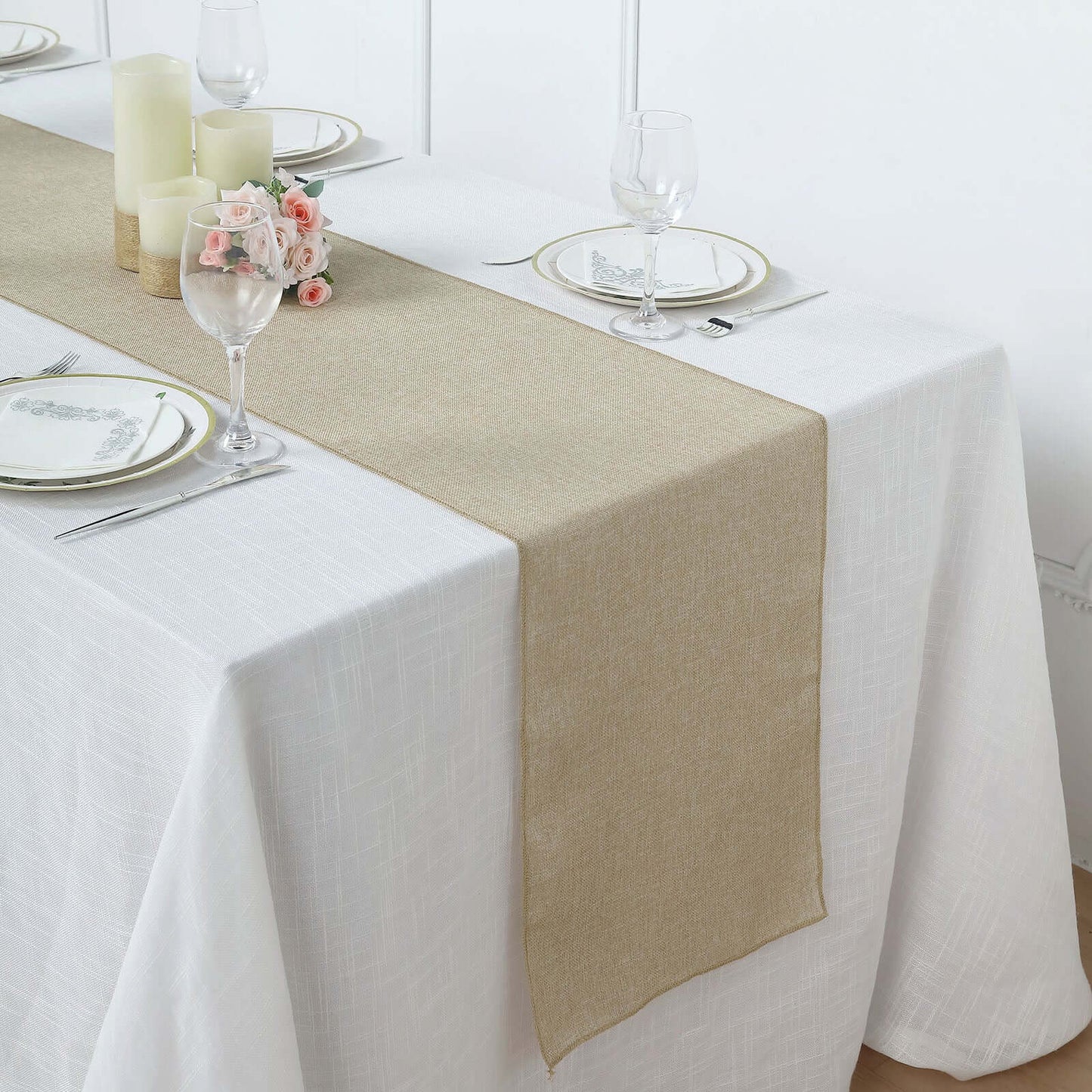 Faux Linen 14"x108" Table Runner Natural - Rustic Style Table Decor