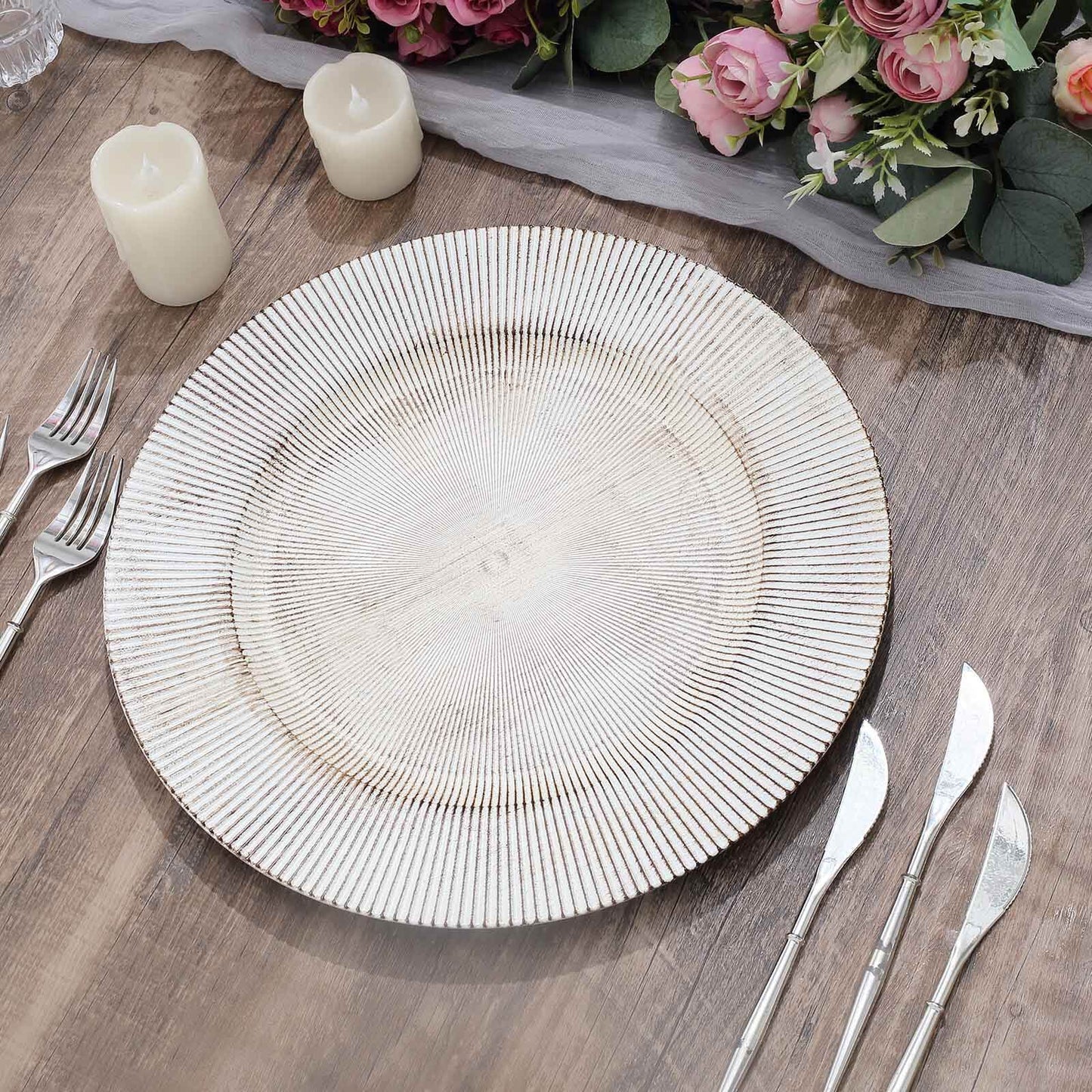 6-Pack Faux Wood Round Charger Plates 13" White Washed with Embossed Sunray Pattern, Chic Plastic Decorative Chargers
