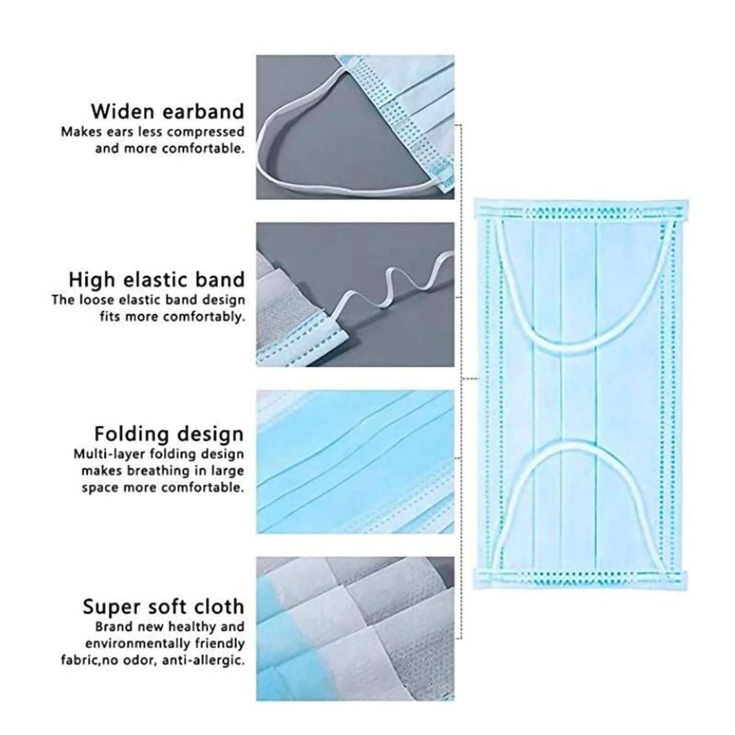 50 Pack 3 Ply Disposable Face Mask Non Woven Mask with Ear Loop