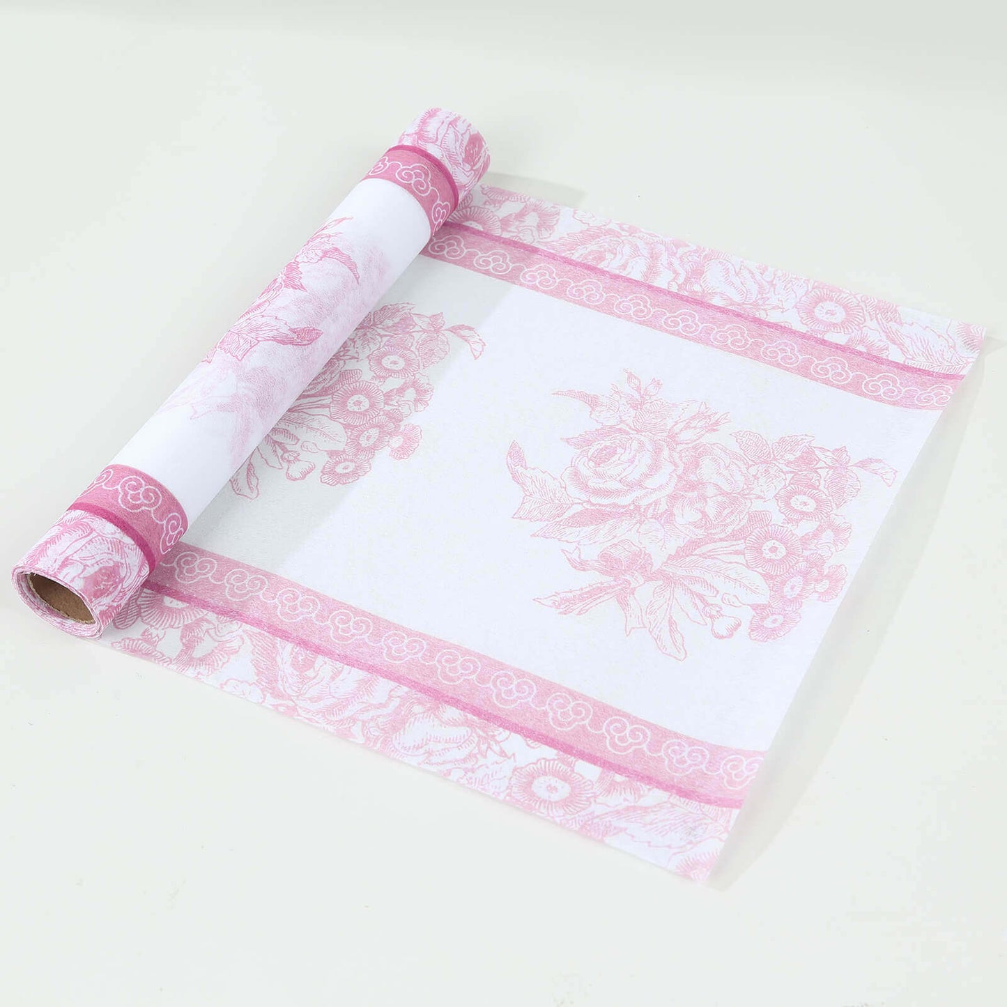 5 Pack Disposable Table Runners 11"x108" White with Pink Floral Pattern - Non-woven Stylish Kitchen Dining Table Decor