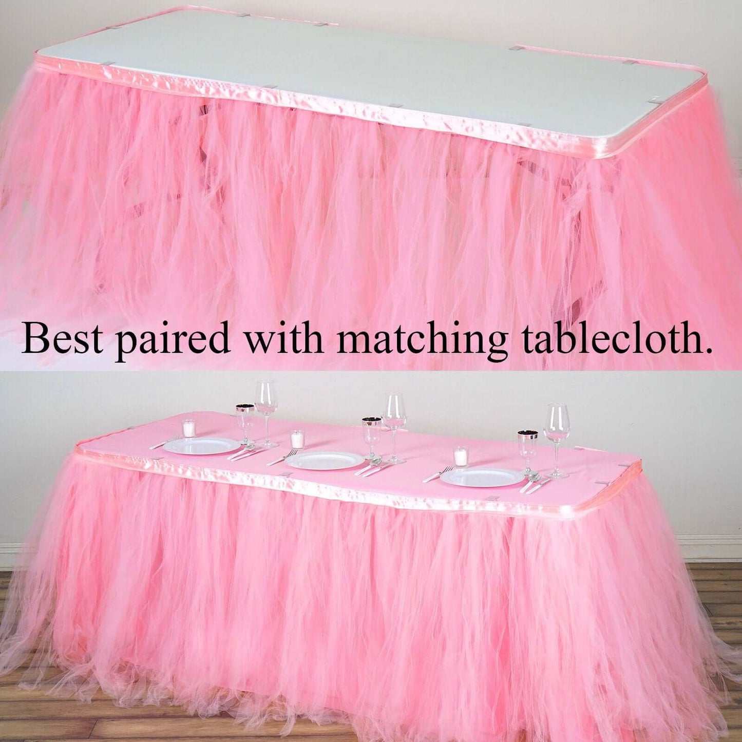 Tulle 17ft Table Skirt Pink/Rose Quartz - 4 Layer Pleated Tutu Table Cover