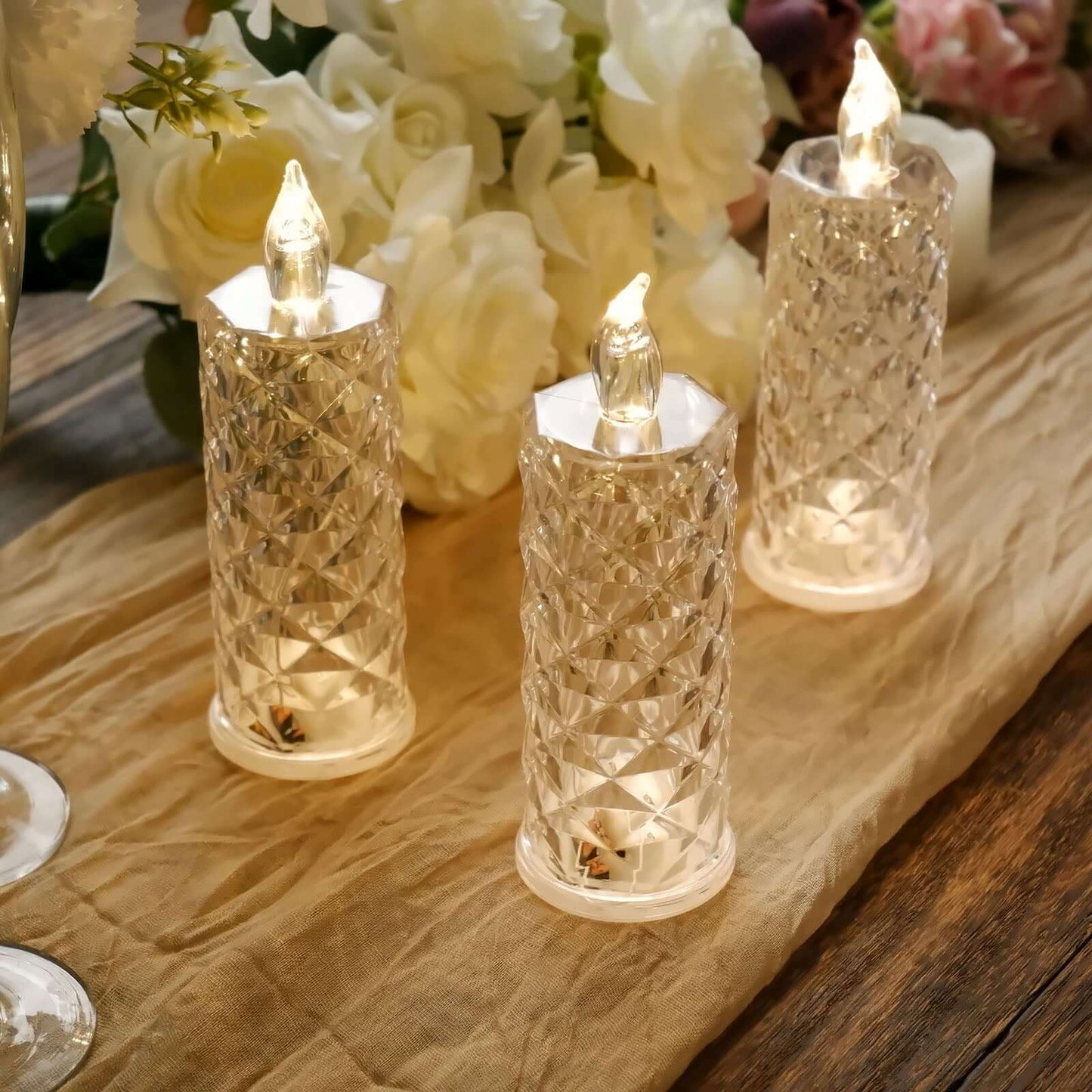 3-Pack LED Flameless Candle Lights Rose Halo Acrylic Diamond Pattern Warm White - Pillar Lamps 6"