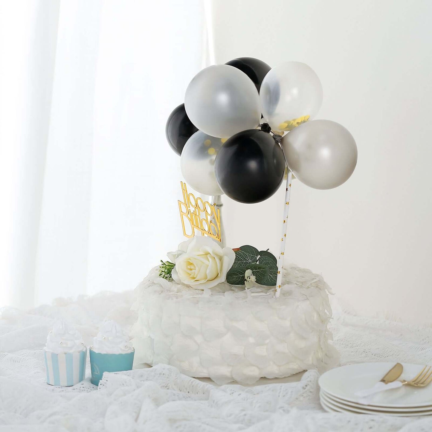 11 Pcs Balloon Cake Topper Black, Silver and Clear - Whimsical Clustered Mini Garland Cake Inserts DIY Party Decorations