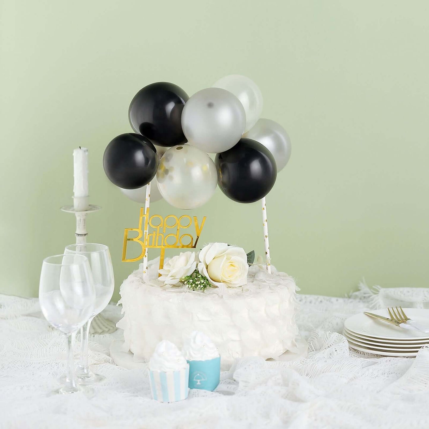 11 Pcs Balloon Cake Topper Black, Silver and Clear - Whimsical Clustered Mini Garland Cake Inserts DIY Party Decorations