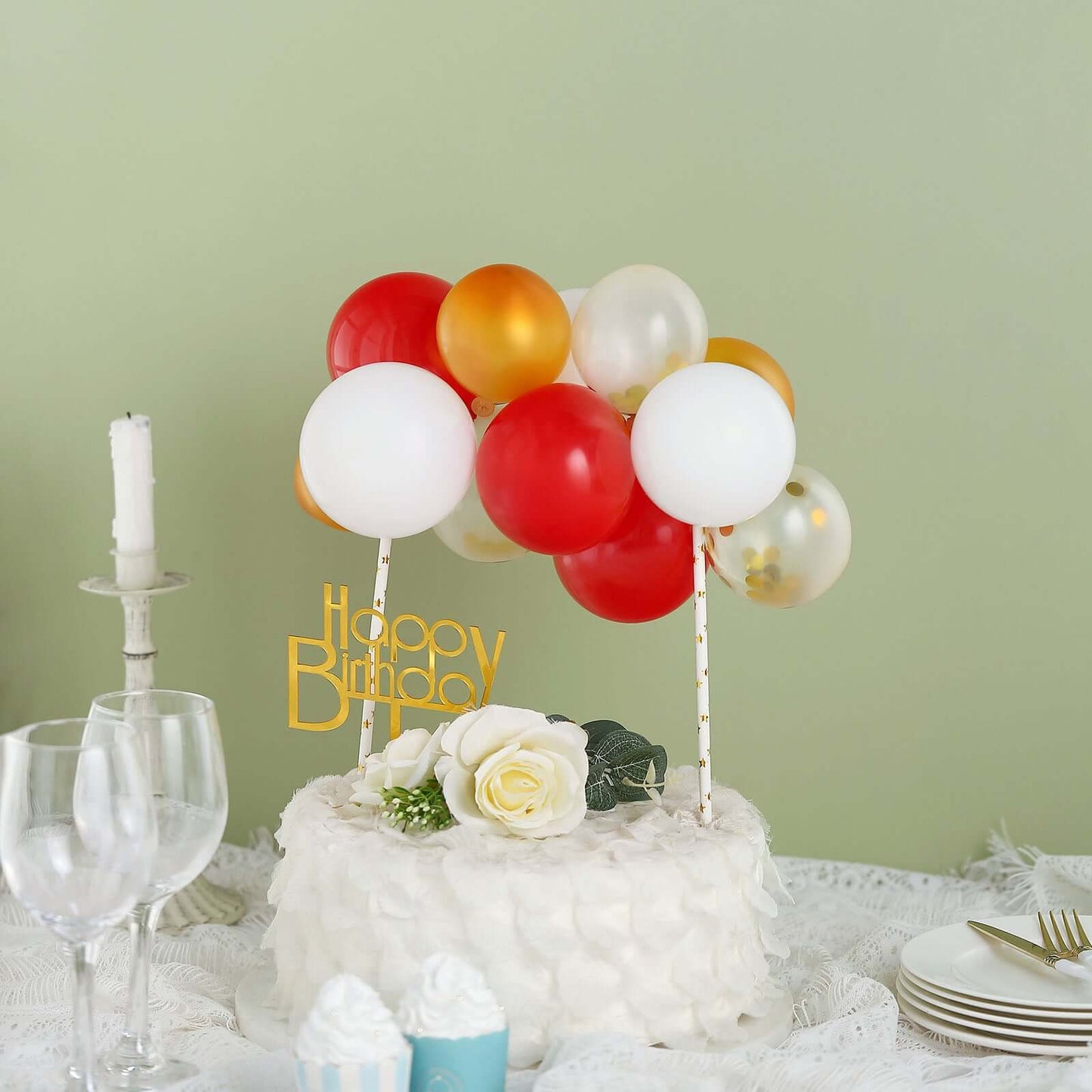 14 Pcs Balloon Cake Topper Clear, Gold, Red and White - Whimsical Clustered Mini Garland Cake Inserts DIY Party Decorations