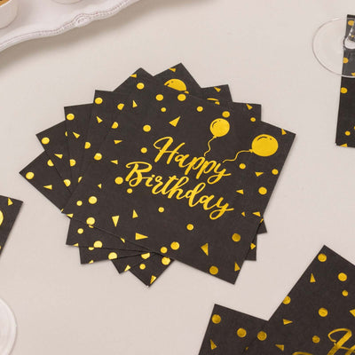 20-Pack Paper Beverage Napkins with Happy Birthday Foil Print Black/Gold - 2 Ply Disposable 18GSM Soft Party Napkins 6.5"x6.5"