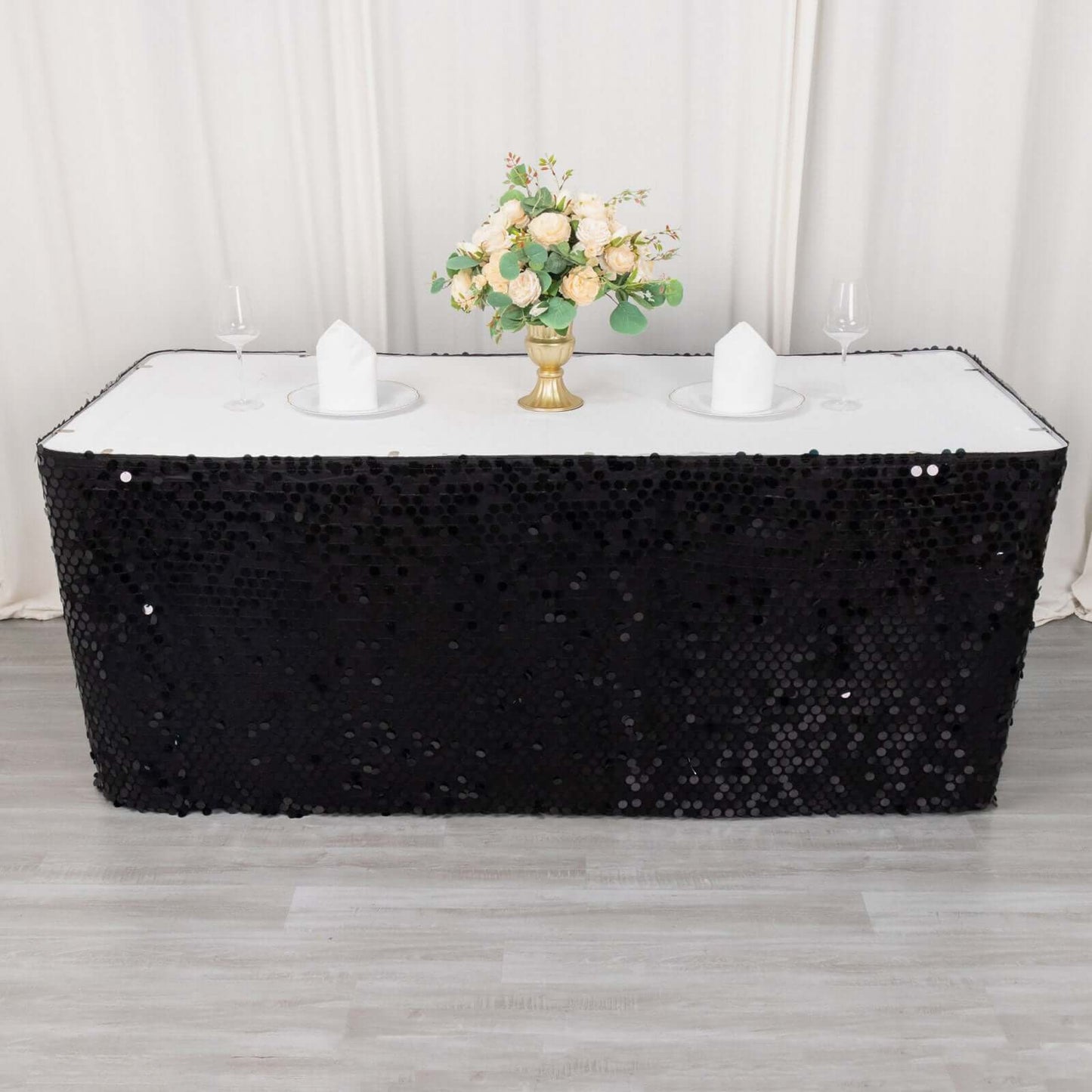 Payette Sequin 21ft Table Skirt Black - Dual Layered Satin Table Cover