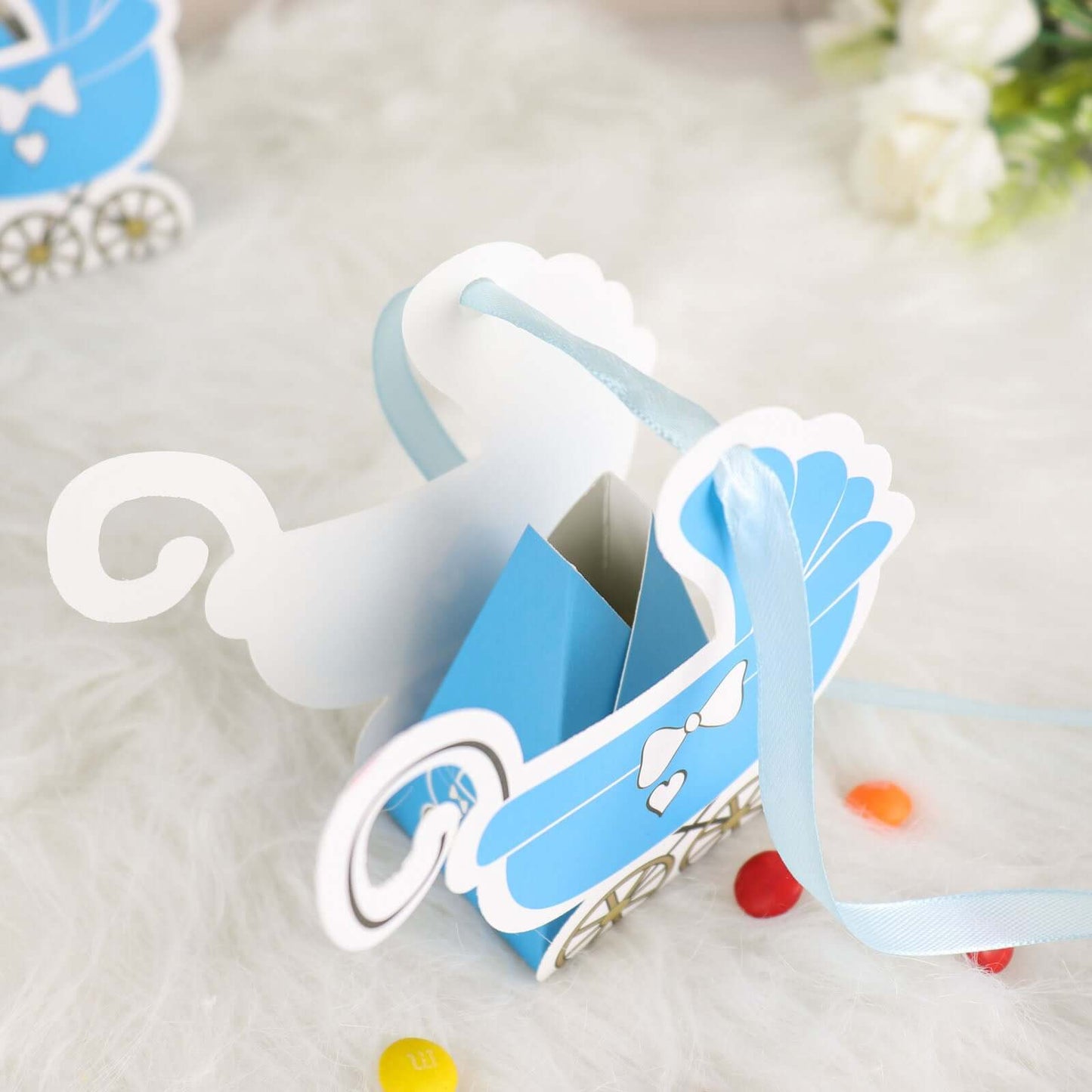 25 Pack Light Blue Baby Paper Stroller Party Favor Gift Boxes, Cardstock Carriage Candy Boxes with Ribbon Ties - 4.5"x2"x4"