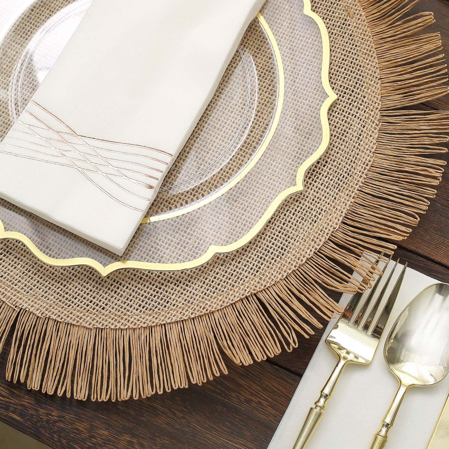4-Pack Placemats Fringe Edge Design Natural Jute Round - Rustic Boho Chic Burlap Table Decor 16"