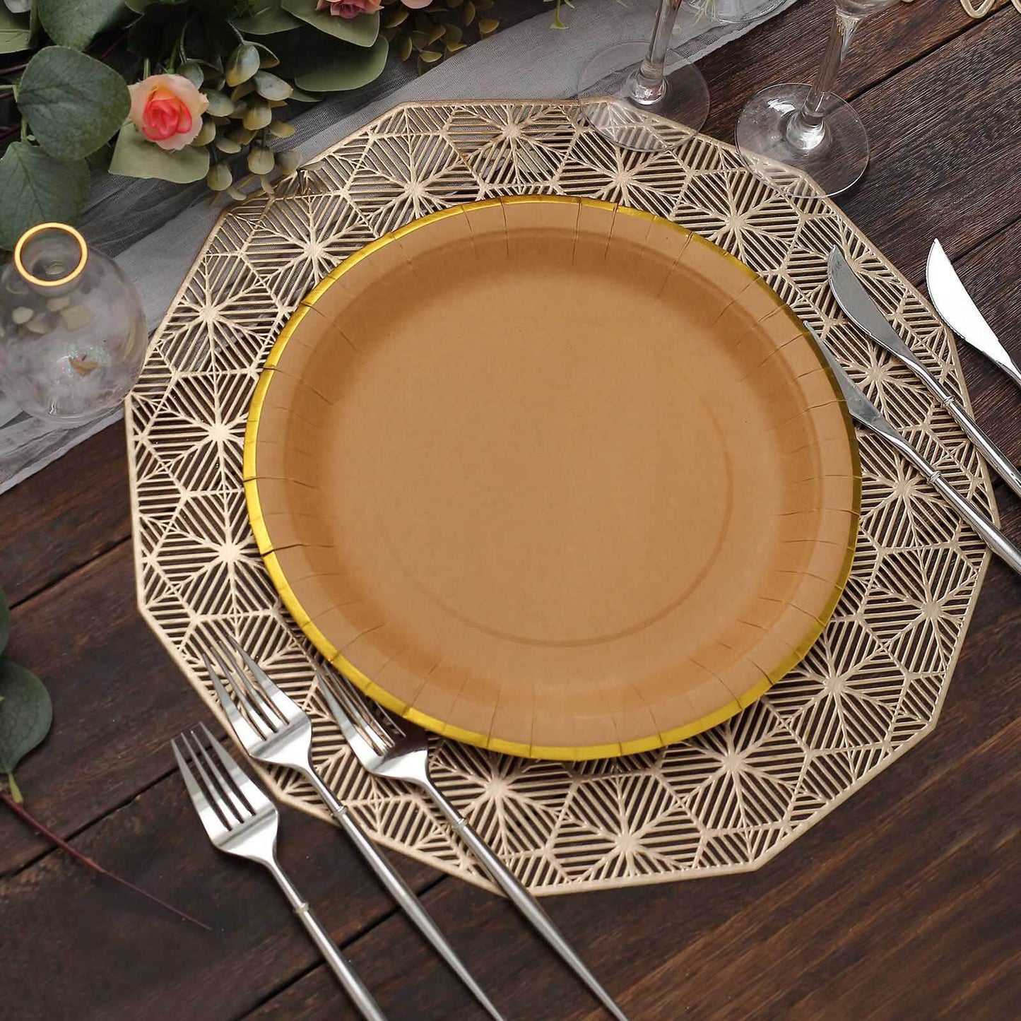 25-Pack Kraft Paper 10" Round Dinner Plates in Natural Brown with Gold Lined Rim - Disposable Party Plates for Rustic & Vintage Inspired Events