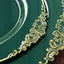 10-Pack Plastic 8" Round Dessert Plates in Hunter Emerald Green with Gold Leaf Embossed Rim - Disposable Vintage Baroque Style Salad Plates