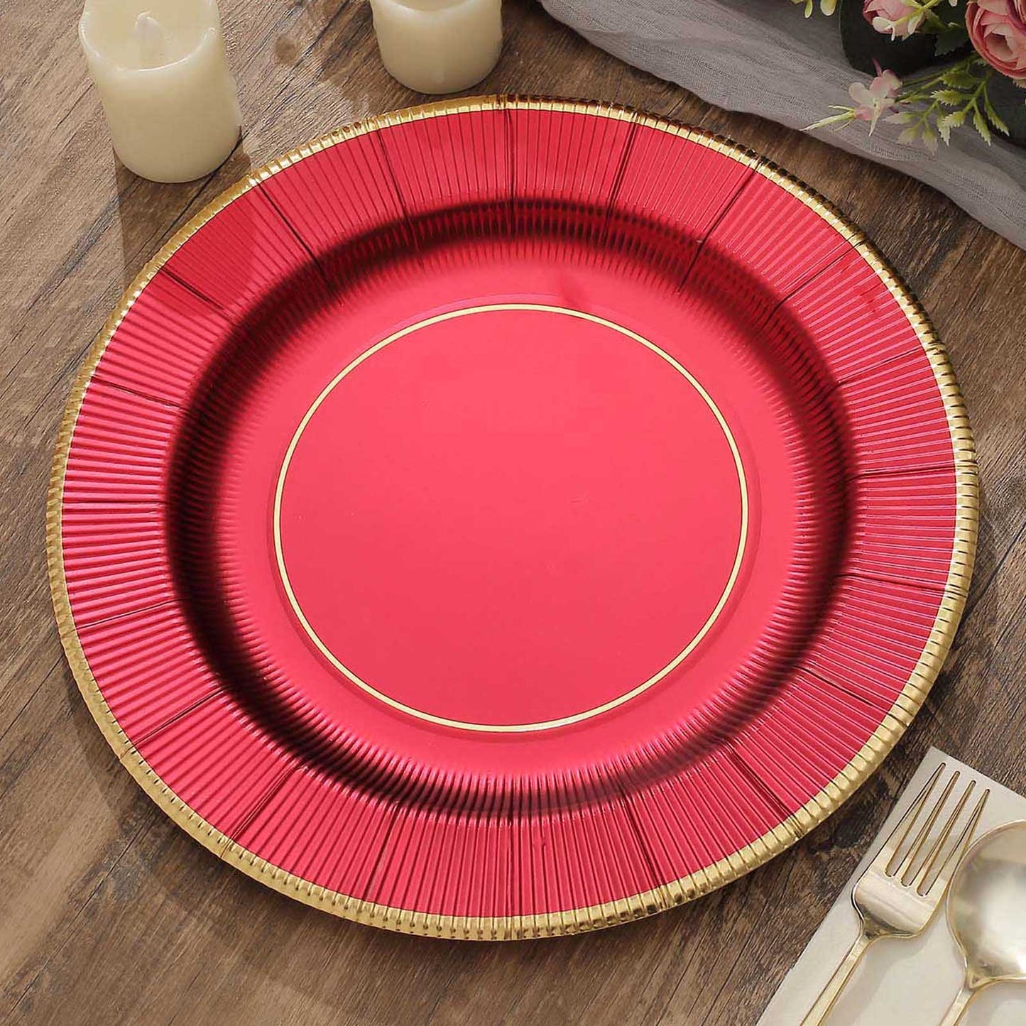 25-Pack Disposable Round Charger Plates in Burgundy Sunray Design with Gold Rim - 350GSM Heavy Duty Paper Chargers 13"