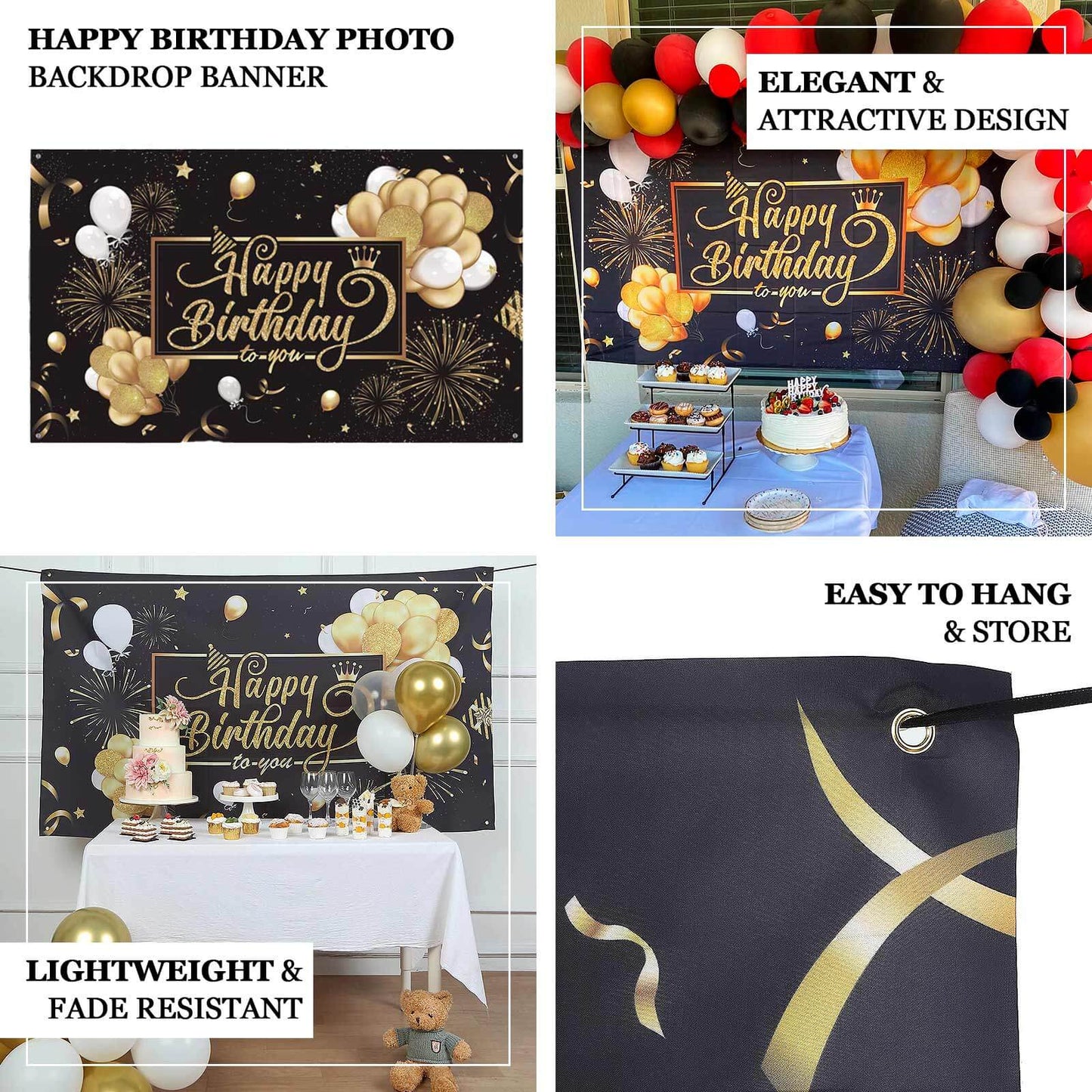 6ftx3ft Black Gold Happy Birthday Photo Booth Backdrop Decoration, Large Polyester Background Banner