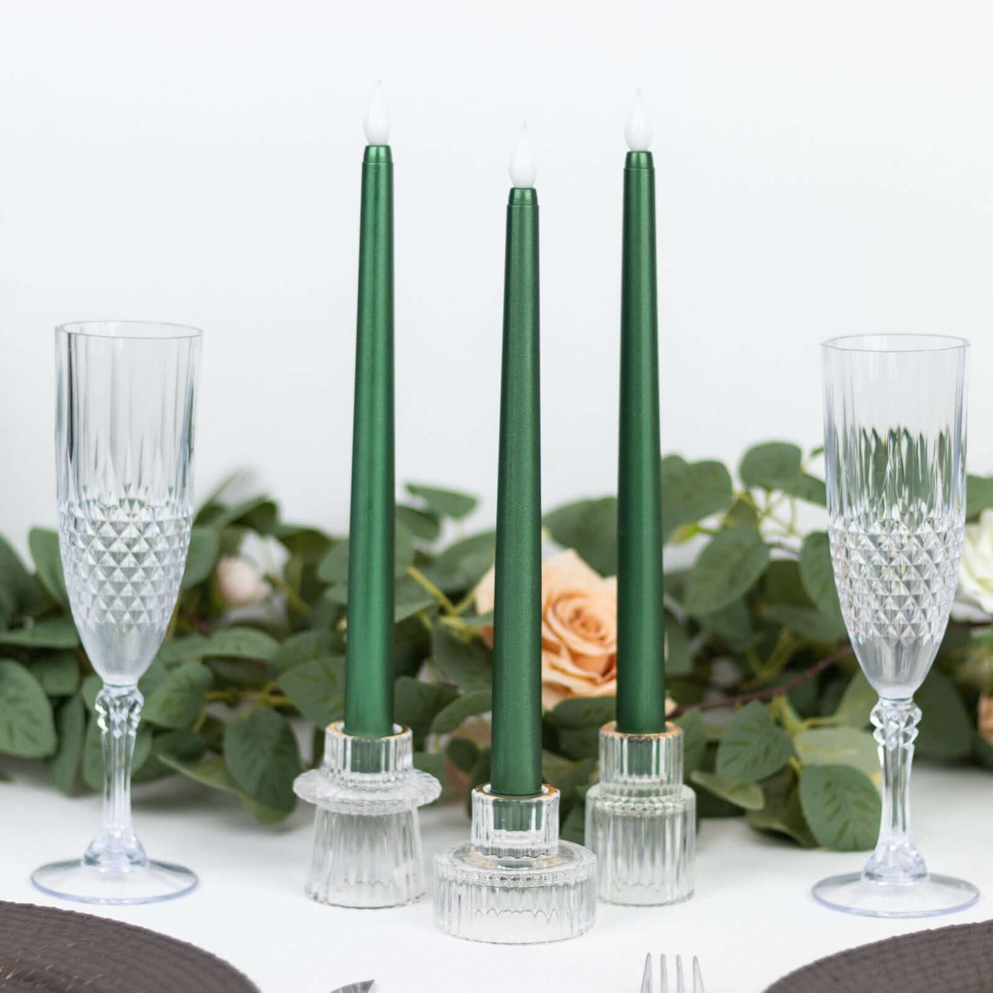 3-Pack LED Decorative Lighting Warm Flickering Hunter Emerald Green - Flameless Taper Candles 11"