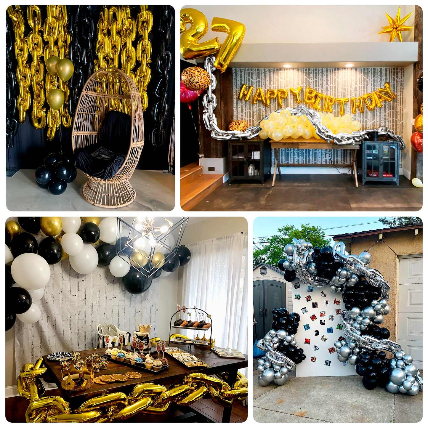 16ft Jumbo Chain Link Balloons in Silver, 30pack 8x12" Durable Foil Chain Balloons for 90s Hip Hop Party Decorations, Event Decor