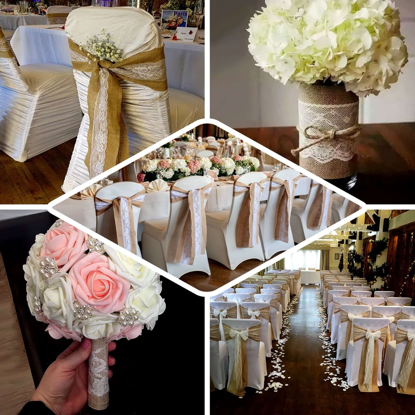 Natural Burlap Chair Sash 5"x108" with Lace Hessian Jute - Rustic Bow Design for Weddings & Gatherings