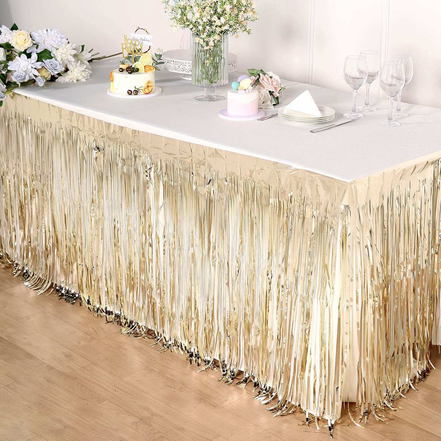 Metallic Foil Fringe Table Skirt Champagne with Self Adhesive Backing - Durable Tinsel Skirt for Parties 30"x9ft