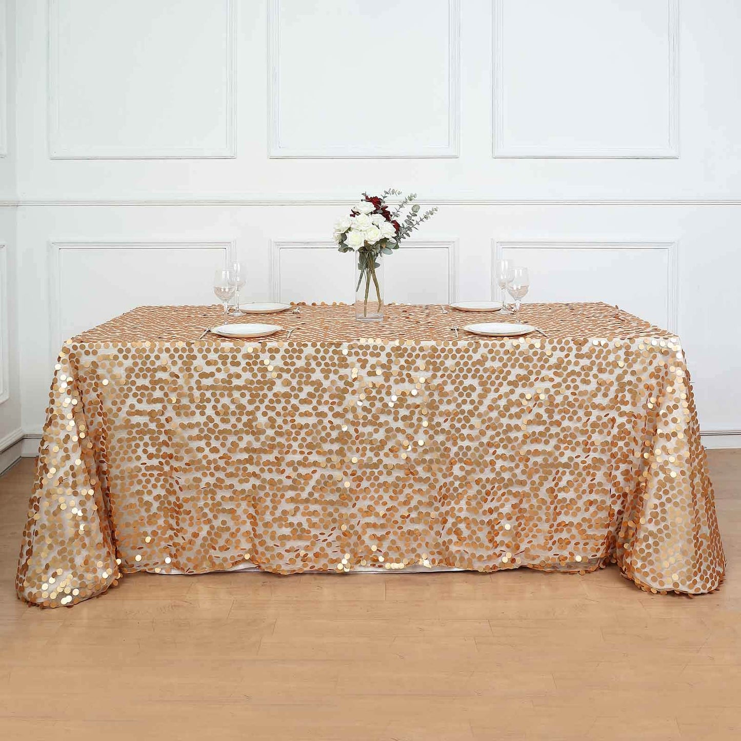 Sequin 90"x132" Rectangle Tablecloth Matte Champagne - Seamless Big Payette Table Cover