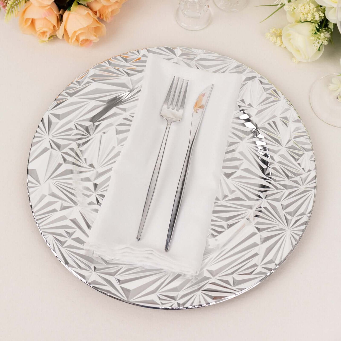 6-Pack Acrylic Round Charger Plates 13" in Metallic Silver with Rock Cut Design, Durable Plastic Dinner Charger Tableware