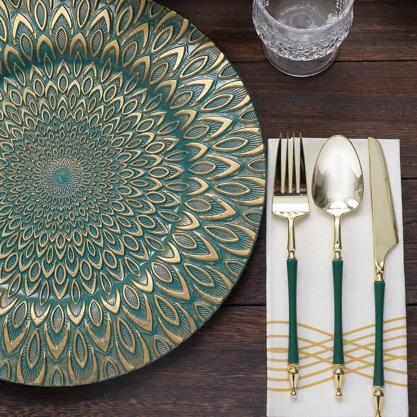 6-Pack Plastic Round Charger Plates 13" in Teal with Gold Embossed Peacock Pattern, Stylish Disposable Charger Tableware