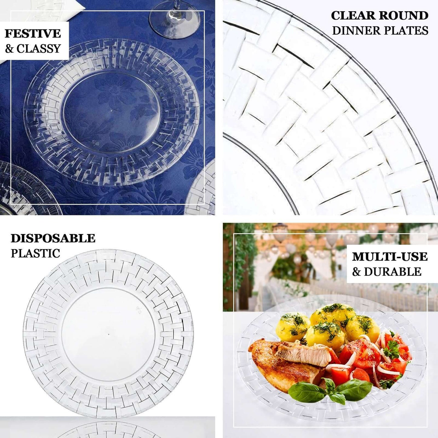 10 Pack 7" White Basketweave Rim Plastic Salad Dessert Plates, Round Disposable Appetizer Plates