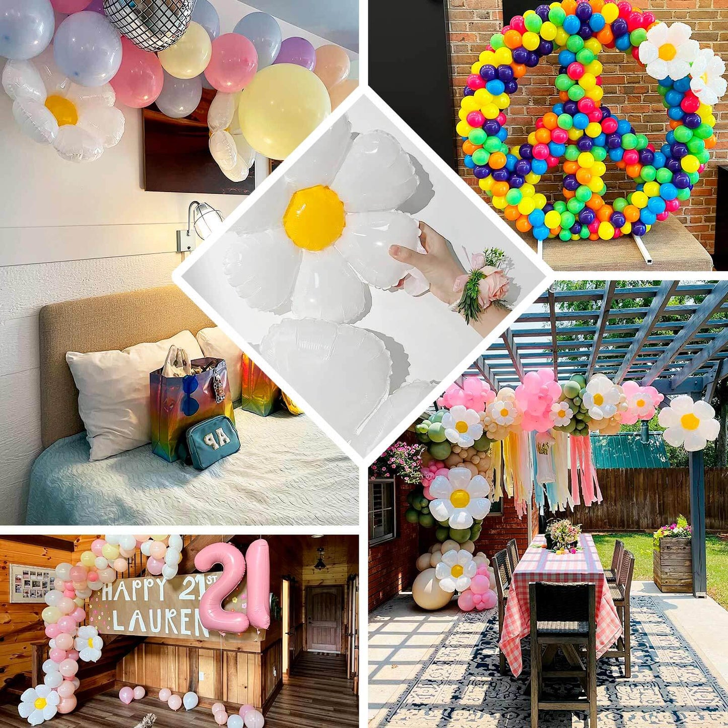 Set of 10 White Daisy Flower-Shaped Mylar Foil Balloons, Assorted Floral Balloon Party Decorations with Balloon Dots - 10", 19", 27"