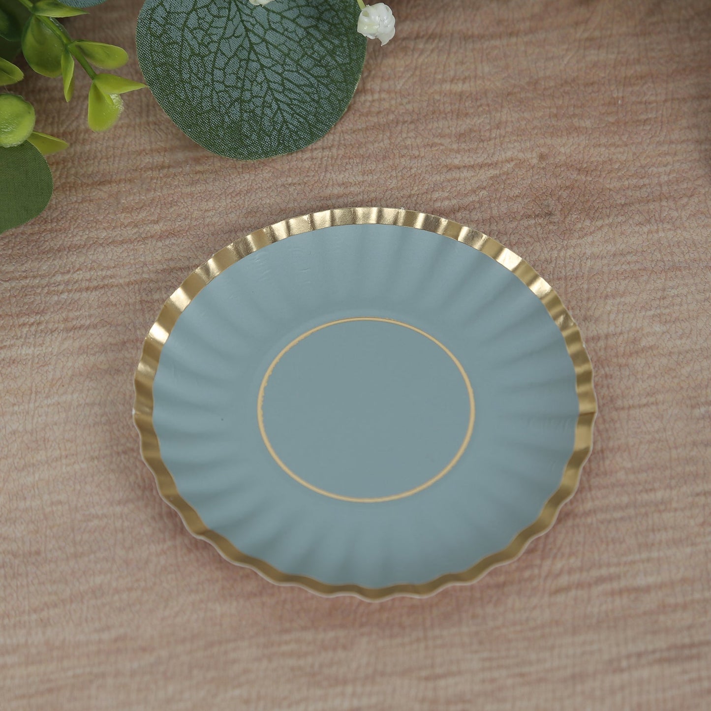 50-Pack Paper 3.5" Round Party Plates in Dusty Blue with Gold Scalloped Rim for Tapas, Appetizers & Finger Foods