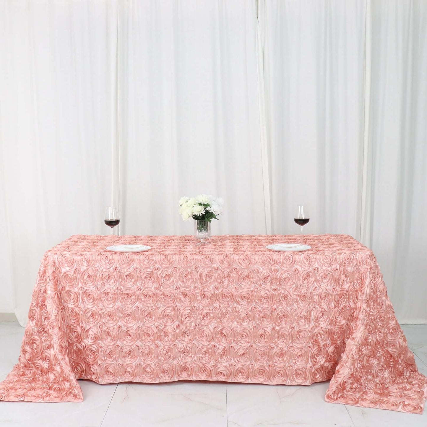 Satin 90"x132" Rectangle Tablecloth Dusty Rose - Grandiose 3D Rosette Seamless Table Cover