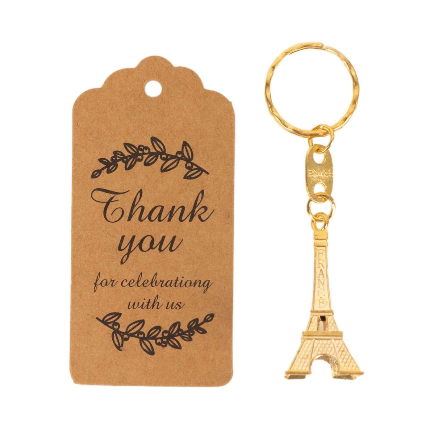 10 Pack Gold Plastic Paris Eiffel Tower Keychain Wedding Favors, 4" Bridal Shower Party Souvenirs With Thank You Tag