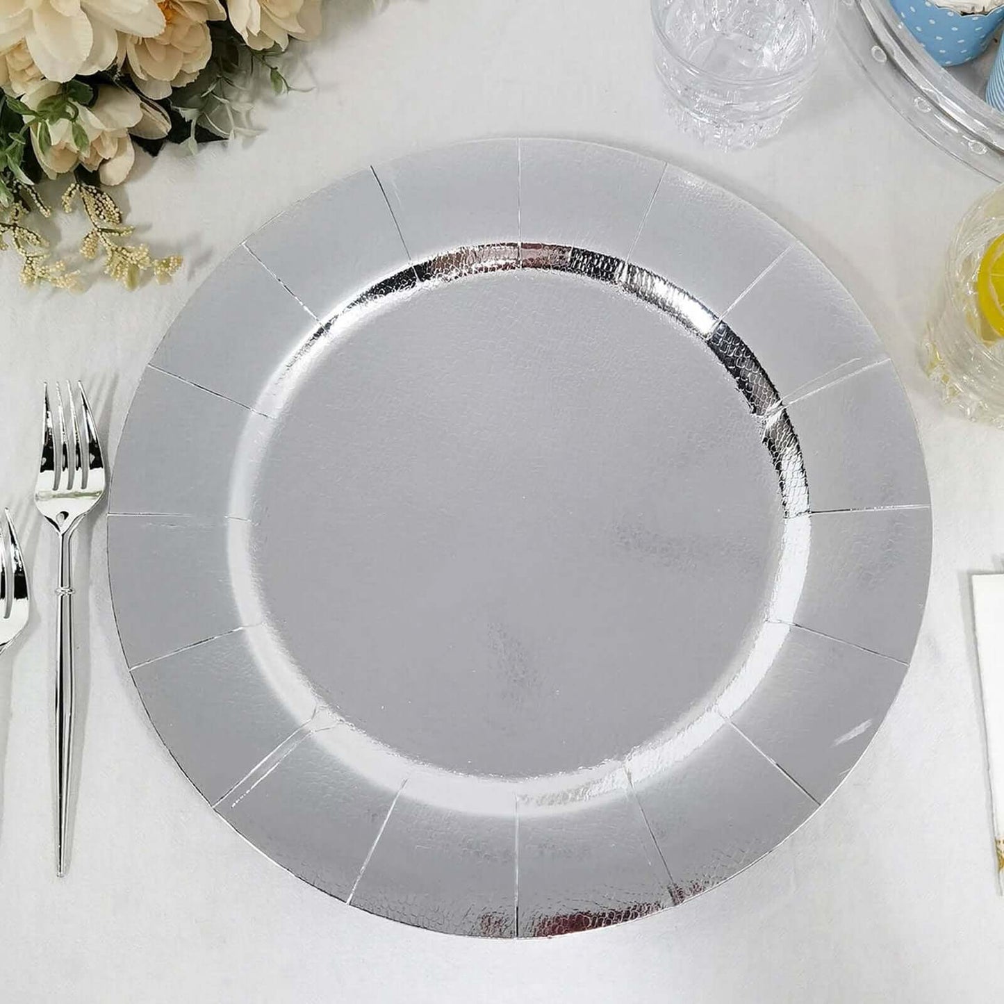 10-Pack Disposable Round Charger Plates in Silver with Leathery Texture - Durable 1100GSM Cardboard Placemats 13"