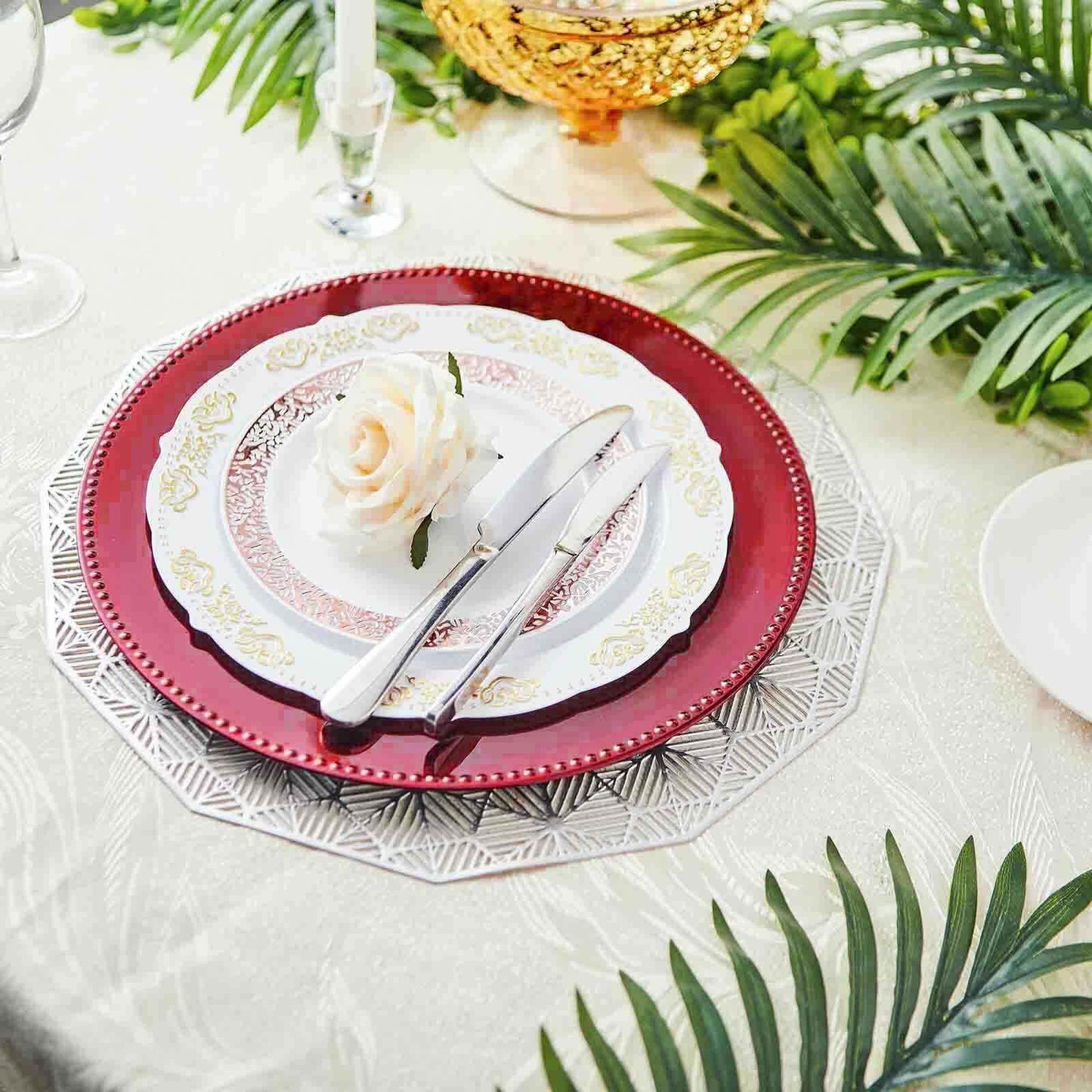 6-Pack Acrylic Round Charger Plates 13" in Burgundy with Beaded Rim, Dinner Charger Event Tabletop Decor