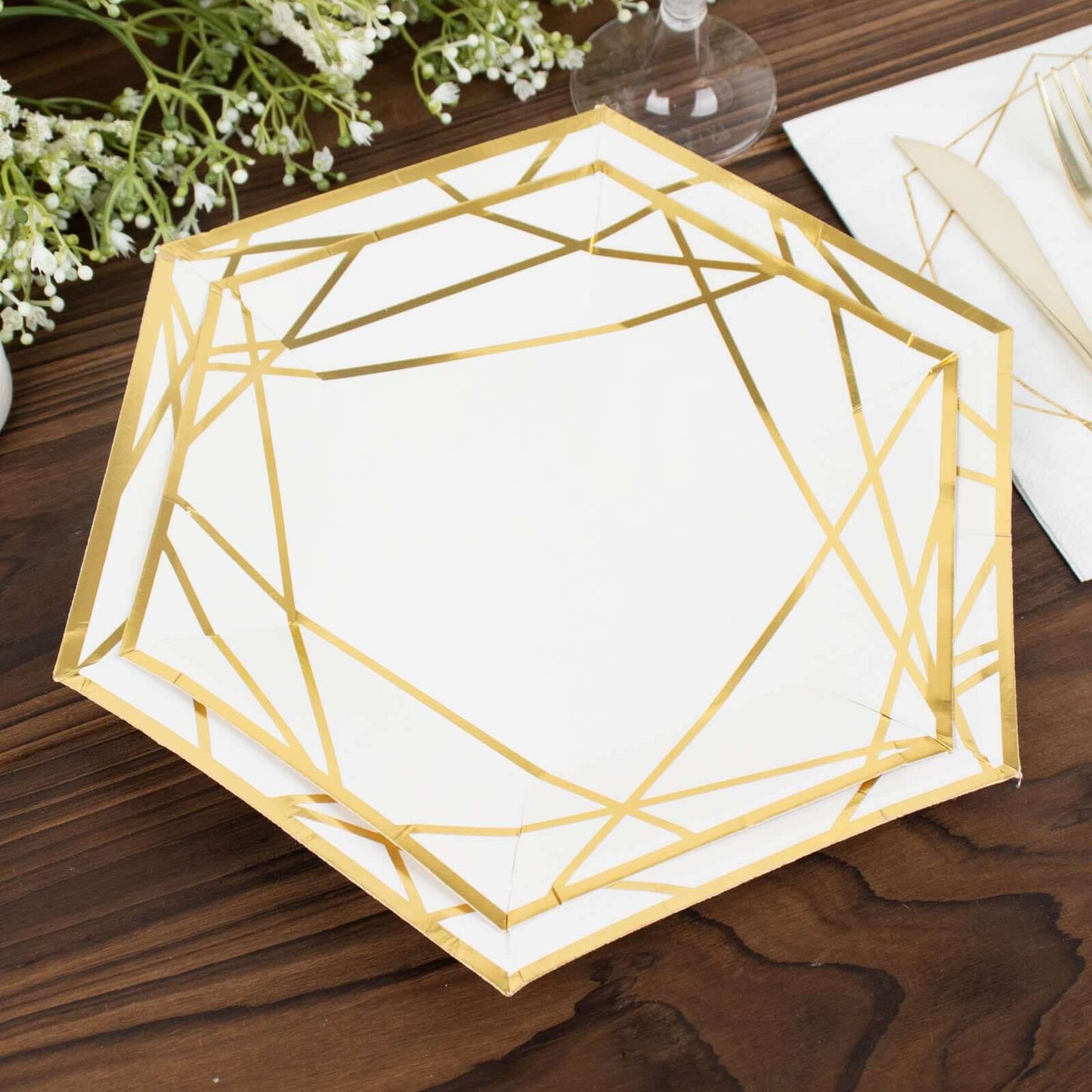 25-Pack Paper 7" Hexagon Dessert Plates in White with Gold Geometric Lines & Rim - Stylish Disposable Geometric 300GSM Appetizer Salad Plates for Events & Banquets