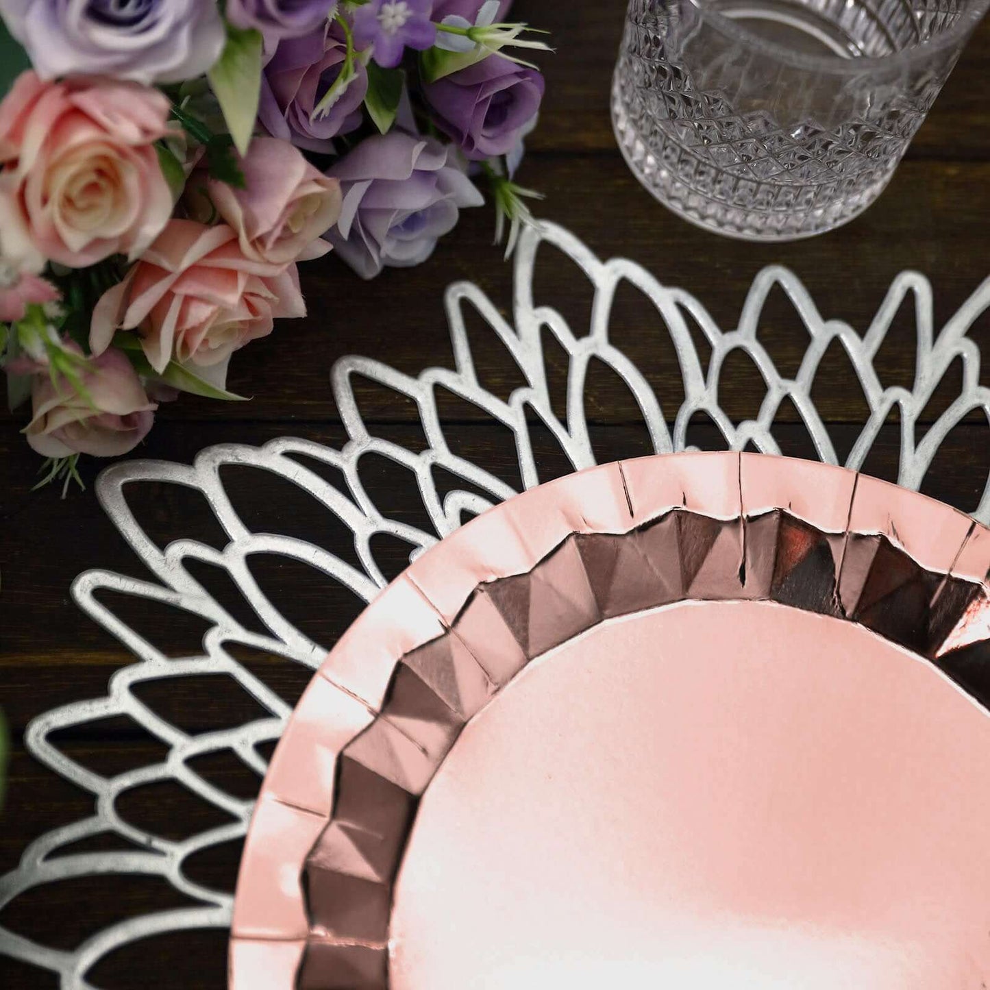 25-Pack Paper 9" Round Dinner Plates in Metallic Rose Gold with Geometric Prism Rim - Disposable 400GSM Party Plates