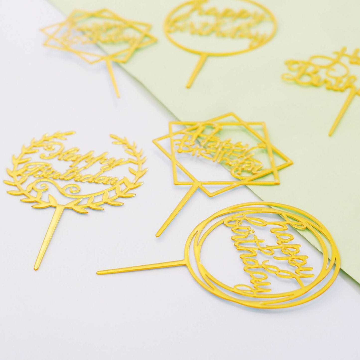 6-Pack Acrylic Happy Birthday Cake Toppers Gold Assorted Styles - Fun Reusable Cake Inserts for DIY Party Decoration Supplies