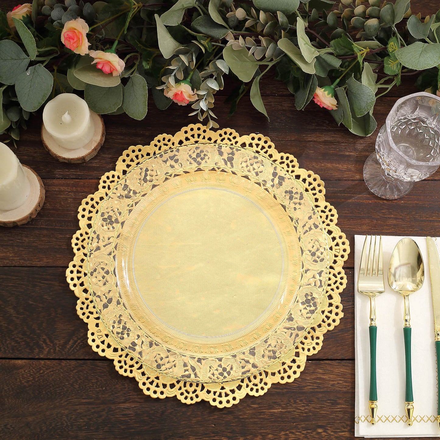50 Pcs Paper 12" Round Placemats in Gold - Food Grade Lace Paper Doilies for Dessert Display & Table Decor